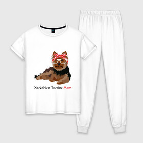 Женская пижама хлопок с принтом Yorkshire terrier mom в Белгороде, 100% хлопок | брюки и футболка прямого кроя, без карманов, на брюках мягкая резинка на поясе и по низу штанин | йорк | йоркширский_терьер | собака | собачка