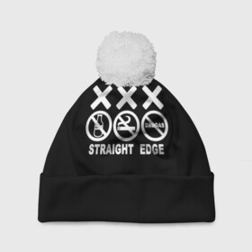 Шапка 3D c помпоном с принтом straight edge в Белгороде, 100% полиэстер | универсальный размер, печать по всей поверхности изделия | edge | hardcore | no drugs | straight | straight edge | sxe | грань | четкая | чёткая грань