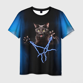 Мужская футболка 3D с принтом Грозовой кошак(громовержец) в Белгороде, 100% полиэфир | прямой крой, круглый вырез горловины, длина до линии бедер | Тематика изображения на принте: грозовой | громовержец | кот | кошак | молнии | разряды | черный