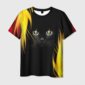 Мужская футболка 3D с принтом Грозовой кошак в Белгороде, 100% полиэфир | прямой крой, круглый вырез горловины, длина до линии бедер | глаза | грозовой | кот | кошак | молнии | пламя | разряды | черный