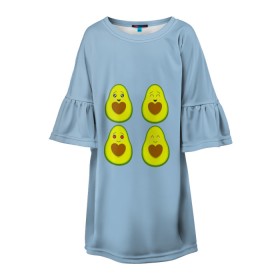 Детское платье 3D с принтом Авокадо в Белгороде, 100% полиэстер | прямой силуэт, чуть расширенный к низу. Круглая горловина, на рукавах — воланы | Тематика изображения на принте: авокадо | авокадо с сердечком | авокадо сердечко | авокадо сердце | авокадо эмоции | сердечко | четыре | четыре авокадо
