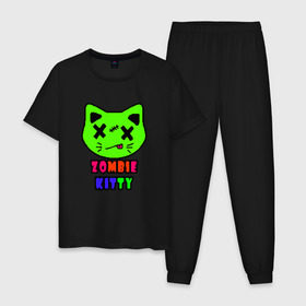 Мужская пижама хлопок с принтом Zombie Kitty в Белгороде, 100% хлопок | брюки и футболка прямого кроя, без карманов, на брюках мягкая резинка на поясе и по низу штанин
 | Тематика изображения на принте: зомби | каваи | кислота | кот | котик | кошка | милый | монстр | пиксельный арт | радуга | яркий