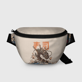 Поясная сумка 3D с принтом Sushi dragon в Белгороде, 100% полиэстер | плотная ткань, ремень с регулируемой длиной, внутри несколько карманов для мелочей, основное отделение и карман с обратной стороны сумки застегиваются на молнию | волны | дракон | суши | суши дракон | японские волны | японский дракон