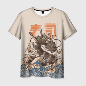 Мужская футболка 3D с принтом Sushi dragon в Белгороде, 100% полиэфир | прямой крой, круглый вырез горловины, длина до линии бедер | волны | дракон | суши | суши дракон | японские волны | японский дракон