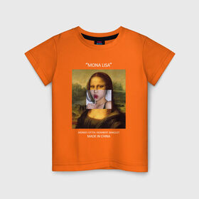 Детская футболка хлопок с принтом Mona Lisa в Белгороде, 100% хлопок | круглый вырез горловины, полуприлегающий силуэт, длина до линии бедер | Тематика изображения на принте: mona lisa | изготовлена в китае | картина | мона лиза | современное искусство