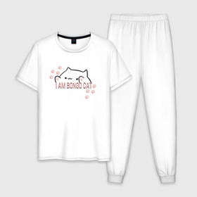 Мужская пижама хлопок с принтом Bongo Cat в Белгороде, 100% хлопок | брюки и футболка прямого кроя, без карманов, на брюках мягкая резинка на поясе и по низу штанин
 | Тематика изображения на принте: bongo cat | кот | котики | мемы