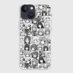 Чехол для iPhone 13 mini с принтом MANY FACES OF ANIME GIRLS monochrome в Белгороде,  |  | anime | аниме | арт | девушки | манга | мультик | мультфильм | тян