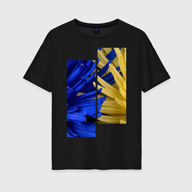 Женская футболка хлопок Oversize с принтом Украинский акцент в Белгороде, 100% хлопок | свободный крой, круглый ворот, спущенный рукав, длина до линии бедер
 | жёлтый | намёк | пионы | синий | украина | украинский флаг | флаг | цвет | цвет флага | цветы