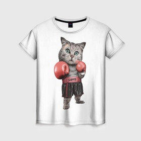 Женская футболка 3D с принтом Кот боксёр  в Белгороде, 100% полиэфир ( синтетическое хлопкоподобное полотно) | прямой крой, круглый вырез горловины, длина до линии бедер | арт | животные | искусство | картинка | рисунок