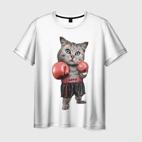 Мужская футболка 3D с принтом Кот боксёр  в Белгороде, 100% полиэфир | прямой крой, круглый вырез горловины, длина до линии бедер | Тематика изображения на принте: арт | животные | искусство | картинка | рисунок