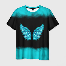 Мужская футболка 3D с принтом Крылья Ангела в Белгороде, 100% полиэфир | прямой крой, круглый вырез горловины, длина до линии бедер | Тематика изображения на принте: angel | neon | ангел | дым | космос | крылья | небо | неон | неоновый | облака | перья | птица | свет | текстура | туман | яркий