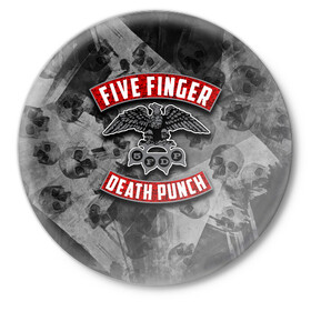 Значок с принтом Five Finger Death Punch в Белгороде,  металл | круглая форма, металлическая застежка в виде булавки | 5fdp | death | ffdp | finger | five | five finger death punch | punch | грув метал