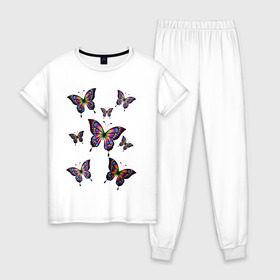 Женская пижама хлопок с принтом Бабочки в Белгороде, 100% хлопок | брюки и футболка прямого кроя, без карманов, на брюках мягкая резинка на поясе и по низу штанин | бабочка | весна | девушкам | красота | лето | мотылек | разноцветная бабочка | цветная