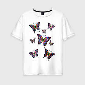 Женская футболка хлопок Oversize с принтом Бабочки в Белгороде, 100% хлопок | свободный крой, круглый ворот, спущенный рукав, длина до линии бедер
 | бабочка | весна | девушкам | красота | лето | мотылек | разноцветная бабочка | цветная