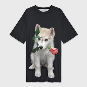 Платье-футболка 3D с принтом Щенок в подарок в Белгороде,  |  | 8 марта щенок | husky | siberian husky | белый щенок | лайка | собака на день рождения | собака с розой | собака с цветком | хаски | щенок | щенок 8 марта | щенок лайки | щенок на 8 марта | щенок на день рождения