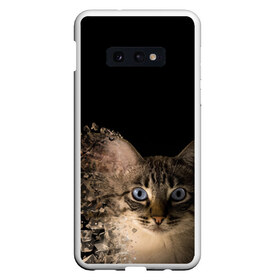 Чехол для Samsung S10E с принтом Disintegrating Cat в Белгороде, Силикон | Область печати: задняя сторона чехла, без боковых панелей | Тематика изображения на принте: cat | азулес | атомный кот | голубоглазая кошка | голубоглазый кот | голубоглазый котик | кот | кот к | кот распадающийся на атомы | кот с голубыми глазами | котик | котэ | кошак | кошачий портрет