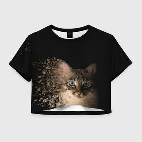 Женская футболка Crop-top 3D с принтом Disintegrating Cat в Белгороде, 100% полиэстер | круглая горловина, длина футболки до линии талии, рукава с отворотами | cat | азулес | атомный кот | голубоглазая кошка | голубоглазый кот | голубоглазый котик | кот | кот к | кот распадающийся на атомы | кот с голубыми глазами | котик | котэ | кошак | кошачий портрет