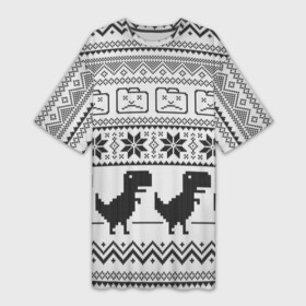 Платье-футболка 3D с принтом Свитер с T rexами в Белгороде,  |  | game | t rex | арнамент | бабушке | бежит | браузер | внуку | вязаный | вязь | гугл | девушке | дед | дочке | женщине | игры | интернет | любим | маме | мужчине | п | папе | парню | пиксель | подарок | свитер