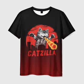 Мужская футболка 3D с принтом CATZILLA в Белгороде, 100% полиэфир | прямой крой, круглый вырез горловины, длина до линии бедер | catzilla | годзилла | кот | котик | кошка | кэтзилла | мимими | прикол | прикольная