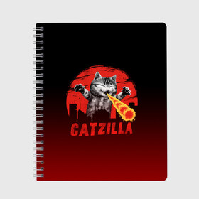 Тетрадь с принтом CATZILLA в Белгороде, 100% бумага | 48 листов, плотность листов — 60 г/м2, плотность картонной обложки — 250 г/м2. Листы скреплены сбоку удобной пружинной спиралью. Уголки страниц и обложки скругленные. Цвет линий — светло-серый
 | catzilla | годзилла | кот | котик | кошка | кэтзилла | мимими | прикол | прикольная