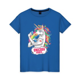 Женская футболка хлопок с принтом Unicorn Power Единорог в Белгороде, 100% хлопок | прямой крой, круглый вырез горловины, длина до линии бедер, слегка спущенное плечо | 