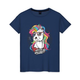 Женская футболка хлопок с принтом Единорог хипстер в Белгороде, 100% хлопок | прямой крой, круглый вырез горловины, длина до линии бедер, слегка спущенное плечо | hipstern | horse | unicorn | единорог | лошадь | пони | радуга | разноцветная | хипстер