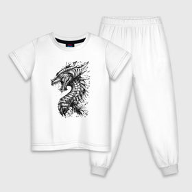 Детская пижама хлопок с принтом Китайский дракон арт в Белгороде, 100% хлопок |  брюки и футболка прямого кроя, без карманов, на брюках мягкая резинка на поясе и по низу штанин
 | арт | динозавр | дракон | дракон арт | драконий рев | зубы | китайский дракон | китайский дракон арт | клыки | крутой дракон | оскал | рев | серый | черно белый | чешуя | ящерица
