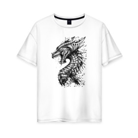 Женская футболка хлопок Oversize с принтом Китайский дракон арт в Белгороде, 100% хлопок | свободный крой, круглый ворот, спущенный рукав, длина до линии бедер
 | арт | динозавр | дракон | дракон арт | драконий рев | зубы | китайский дракон | китайский дракон арт | клыки | крутой дракон | оскал | рев | серый | черно белый | чешуя | ящерица