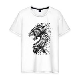 Мужская футболка хлопок с принтом Китайский дракон арт в Белгороде, 100% хлопок | прямой крой, круглый вырез горловины, длина до линии бедер, слегка спущенное плечо. | арт | динозавр | дракон | дракон арт | драконий рев | зубы | китайский дракон | китайский дракон арт | клыки | крутой дракон | оскал | рев | серый | черно белый | чешуя | ящерица
