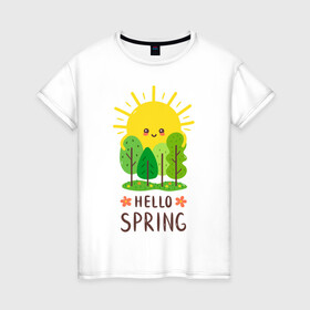 Женская футболка хлопок с принтом Hello Spring в Белгороде, 100% хлопок | прямой крой, круглый вырез горловины, длина до линии бедер, слегка спущенное плечо | 2020 | арт | весна | деревья | лес | солнце | солнышко | цветы