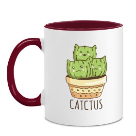 Кружка двухцветная с принтом Catctus в Белгороде, керамика | объем — 330 мл, диаметр — 80 мм. Цветная ручка и кайма сверху, в некоторых цветах — вся внутренняя часть | art | cactus | cats | kittens | pot | арт | горшок | кактус | коты | котята | кошки