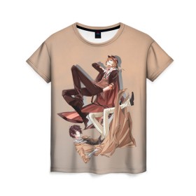 Женская футболка 3D с принтом Дазай и Чуя в Белгороде, 100% полиэфир ( синтетическое хлопкоподобное полотно) | прямой крой, круглый вырез горловины, длина до линии бедер | bungou stray dogs | аниме | великие из бродячих псов | дазай | чуя