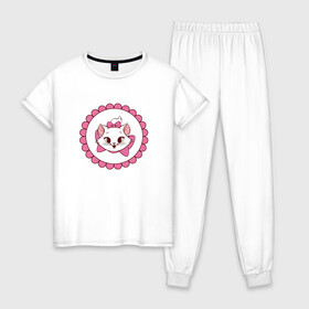 Женская пижама хлопок с принтом Кошечка Мари в Белгороде, 100% хлопок | брюки и футболка прямого кроя, без карманов, на брюках мягкая резинка на поясе и по низу штанин | 