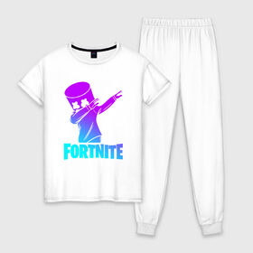 Женская пижама хлопок с принтом FORTNITE X MARSHMELLO в Белгороде, 100% хлопок | брюки и футболка прямого кроя, без карманов, на брюках мягкая резинка на поясе и по низу штанин | fortnite | fortnite 2 | fortnite x | marshmello | ninja | ninja hyper streamer | ninja streamer | streamer | tyler blevins | маршмелло | ниндзя | фортнайт | фортнайт 2 | фортнайт глава 2