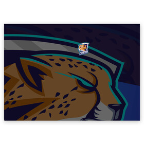 Поздравительная открытка с принтом Форма Cheetah в Белгороде, 100% бумага | плотность бумаги 280 г/м2, матовая, на обратной стороне линовка и место для марки
 | design | logo | mascot | баскетбол | гепард | герои | животное | звери | зверь | киберспорт | кошка | охота | рысь | спортивная | стиль | талисман | фитнес | форма | футбол | хищник | яркие