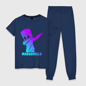 Женская пижама хлопок с принтом MARSHMELLO в Белгороде, 100% хлопок | брюки и футболка прямого кроя, без карманов, на брюках мягкая резинка на поясе и по низу штанин | america | dj | marshmello | smile | usa | америка | маршмелло | смайл | сша