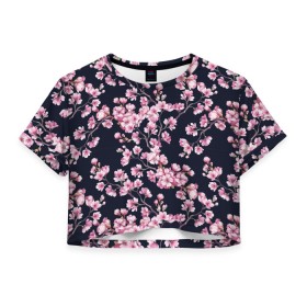 Женская футболка Crop-top 3D с принтом Сакура в Белгороде, 100% полиэстер | круглая горловина, длина футболки до линии талии, рукава с отворотами | 8 марта | sakura | дерево в цветах | листья | сакура | цветы