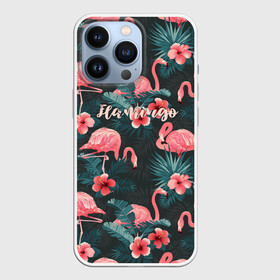 Чехол для iPhone 13 Pro с принтом Flamingo в Белгороде,  |  | Тематика изображения на принте: girl | woman | девушкам | девушки | листья | подарок | тропические цветы | фламинго | цветы