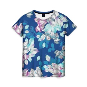 Женская футболка 3D с принтом Нежные цветы в Белгороде, 100% полиэфир ( синтетическое хлопкоподобное полотно) | прямой крой, круглый вырез горловины, длина до линии бедер | girl | woman | девушкам | девушки | листья | подарок | тропические цветы | цветы