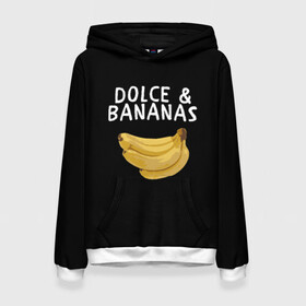 Женская толстовка 3D с принтом Dolce and Bananas в Белгороде, 100% полиэстер  | двухслойный капюшон со шнурком для регулировки, мягкие манжеты на рукавах и по низу толстовки, спереди карман-кенгуру с мягким внутренним слоем. | banana | dolce and gabbana | банан | бананы | дольче и габбана | на английском | на иностранном | надписи на английском | надпись | прикольные надписи | слово | слоган | со словом | чёрно белая