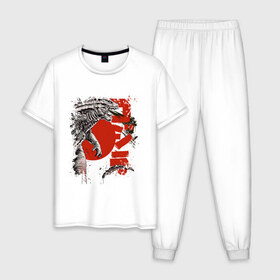 Мужская пижама хлопок с принтом GODZILLA в Белгороде, 100% хлопок | брюки и футболка прямого кроя, без карманов, на брюках мягкая резинка на поясе и по низу штанин
 | Тематика изображения на принте: comic con | godzilla | gojira | logo | годзилла | знаки | иероглифы | лого | монстр | фильм | чудовище