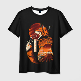 Мужская футболка 3D с принтом JAPAN FOX в Белгороде, 100% полиэфир | прямой крой, круглый вырез горловины, длина до линии бедер | fox | japan | orange | sakura | знаки | иероглифы | лиса | сакура | символы | фудзияма | япония
