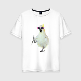 Женская футболка хлопок Oversize с принтом Попугай в очках в Белгороде, 100% хлопок | свободный крой, круглый ворот, спущенный рукав, длина до линии бедер
 | крутой попугай | мем | попугай в очках | прикол | птица | смешная картинка