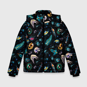 Зимняя куртка для мальчиков 3D с принтом Creatures of Deep ocean в Белгороде, ткань верха — 100% полиэстер; подклад — 100% полиэстер, утеплитель — 100% полиэстер | длина ниже бедра, удлиненная спинка, воротник стойка и отстегивающийся капюшон. Есть боковые карманы с листочкой на кнопках, утяжки по низу изделия и внутренний карман на молнии. 

Предусмотрены светоотражающий принт на спинке, радужный светоотражающий элемент на пуллере молнии и на резинке для утяжки | creatures | dark | deep | fish | ocean | кальмар | монстр | океан | рыбы | хищник