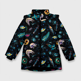 Зимняя куртка для девочек 3D с принтом Creatures of Deep ocean в Белгороде, ткань верха — 100% полиэстер; подклад — 100% полиэстер, утеплитель — 100% полиэстер. | длина ниже бедра, удлиненная спинка, воротник стойка и отстегивающийся капюшон. Есть боковые карманы с листочкой на кнопках, утяжки по низу изделия и внутренний карман на молнии. 

Предусмотрены светоотражающий принт на спинке, радужный светоотражающий элемент на пуллере молнии и на резинке для утяжки. | Тематика изображения на принте: creatures | dark | deep | fish | ocean | кальмар | монстр | океан | рыбы | хищник
