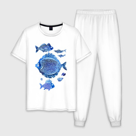 Мужская пижама хлопок с принтом Рыбы Чёрного моря в Белгороде, 100% хлопок | брюки и футболка прямого кроя, без карманов, на брюках мягкая резинка на поясе и по низу штанин
 | синий море рыба рыбы акварель графика забавные мультяшные лето