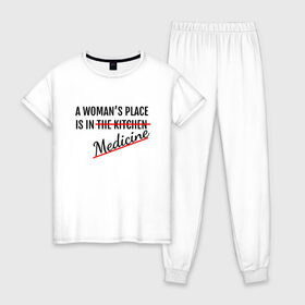 Женская пижама хлопок с принтом Женщина в медицине в Белгороде, 100% хлопок | брюки и футболка прямого кроя, без карманов, на брюках мягкая резинка на поясе и по низу штанин | будущий врач | врач | девушка | доктор | жизнь | любимое дело | любовь | мед | мед работник | медик | медицина | медсестра | место женщины | наука | ординатор | ординатура | права | профессия | свобода