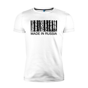 Мужская футболка премиум с принтом Made in Russia в Белгороде, 92% хлопок, 8% лайкра | приталенный силуэт, круглый вырез ворота, длина до линии бедра, короткий рукав | barcode | country | forest | russia | береза | лес | родина | россия | страна | штрихкод