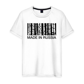 Мужская футболка хлопок с принтом Made in Russia в Белгороде, 100% хлопок | прямой крой, круглый вырез горловины, длина до линии бедер, слегка спущенное плечо. | barcode | country | forest | russia | береза | лес | родина | россия | страна | штрихкод