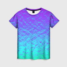 Женская футболка 3D с принтом ПЕРЛАМУТР в Белгороде, 100% полиэфир ( синтетическое хлопкоподобное полотно) | прямой крой, круглый вырез горловины, длина до линии бедер | neon | retro | абстракция | блестки | вода | волны | краски | неон | неоновый | перламутр | поп | радуга | ретро | текстура | фиолетовый
